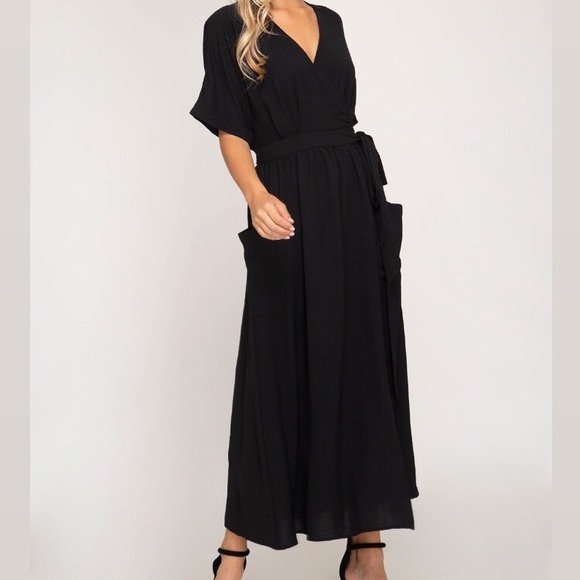 Navy Wrap Dress w/ POCKETS! - Picture 4 of 5